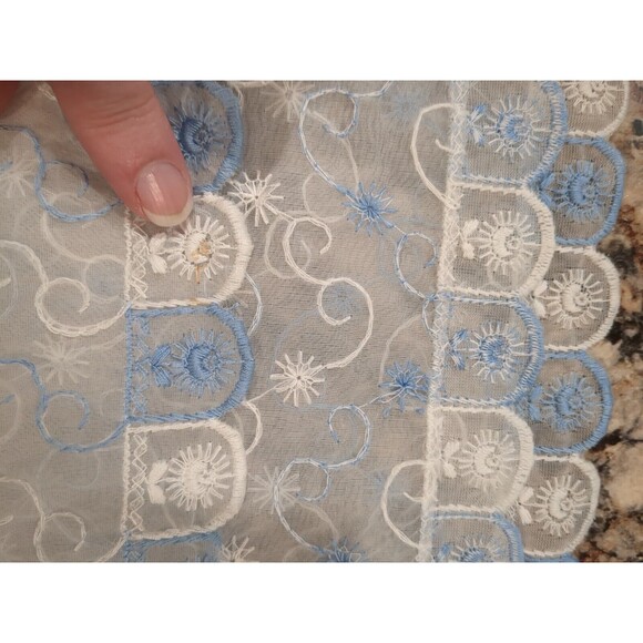 Vintage 3 Pc Dresser Scarf Set with Floral Embroidery Scroll Blue White Sheer - Picture 4 of 4